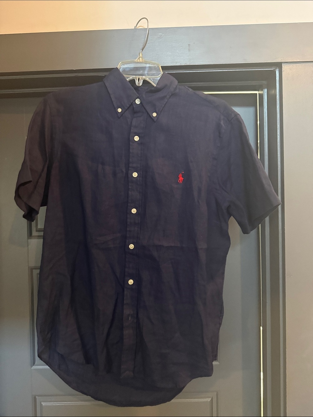 Ralph Lauren Navy Short-Sleeve Button-Down Shirt with Red Pony
Size Men’s small